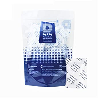 5 Gram Pack of 50 "Dry & Dry" Premium Pure & Safe Silica Gel Packets Desiccant Dehumidifiers - Food Safe Rechargeable Paper