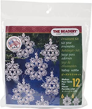 Beadery Holiday Beaded Ornament Kit, Crystal and Pearl Snowflakes, 2.5" Makes 12