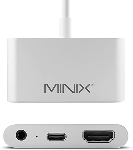 MINIX Type-C to 3.5mm Audio Headphone Jack Adapter with 4K @ 60Hz HDMI and USB-C PD Charging - Compatible with macOS, iPadOS, Android OS and Windows OS. (Silver)