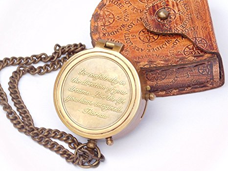 Thoreau's Go Confidently Quote Engraved Compass with Stamped Leather case