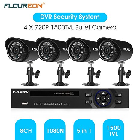 FLOUREON 8CH House Camera System DVR 1080N   4 Outdoor/ Indoor Bullet Home Security Cameras 1500TVL HD Resultion Night Version for House/ Apartment/Office (8CH 1500TVL)