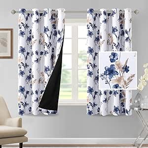 H.VERSAILTEX 100% Blackout Curtains 63 inch Length 2 Panels Set Cattleya Floral Printed Drapes Leah Floral Thermal Curtains for Bedroom with Black Liner Sound Proof Curtains, Navy and Taupe