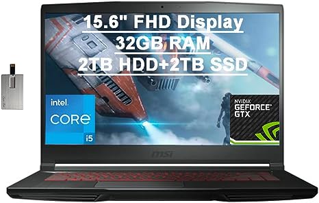 2022 MSI GF63 Thin Gaming 15.6" FHD Laptop Computer, Intel Core i5-10300H Processor, 32GB RAM, 2TB HDD 2TB PCIe SSD, Backlit Keyboard, GeForce GTX1650 Max-Q Graphics, Windows 10, Black, 32GB USB Card