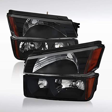 Autozensation Compatible with Chevy Avalanche 1500 2500 Pickup 2002-2006, Black Housing Clear Lens Headlights   Bumper Lights, L R Pair Head Light Lamp Assembly