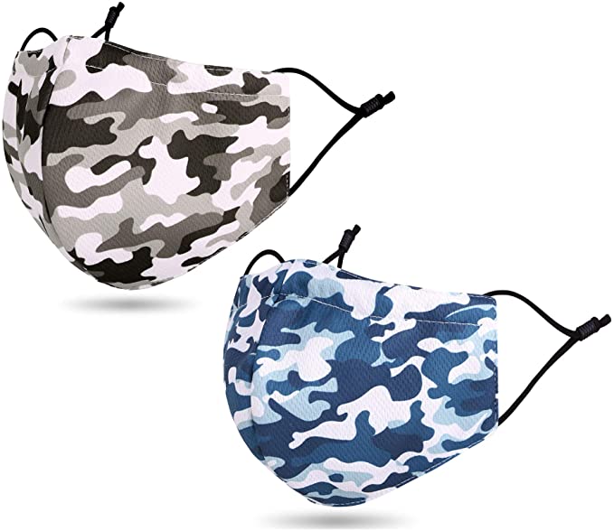 Lullaby 2 Pack Unisex Washable Bandana Reusable Face Madks Double Layer Adjustable Earloop Camo Grey/Blue