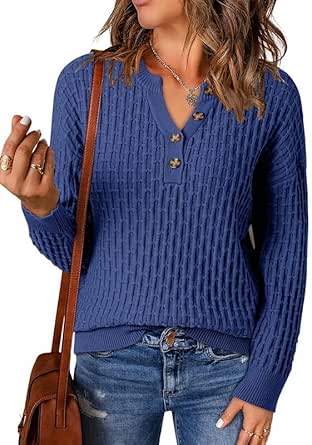 Dokotoo Womens Sweaters 2024 Casual Long Sleeve V Neck Textured Button Fall Sweater Loose Fit Pullover Jumper Tops