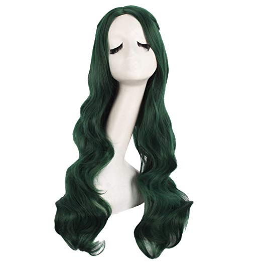 MapofBeauty 28 Inch/70cm Carve Bangs Beautiful Long Curly Wavy Hair Cosplay Wig (Pine Green)