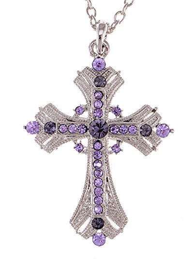 Alilang Silvery Tone Religious Cross Pendant Necklace w/ Aquamarine Blue Or Clear Crystal Rhinestones
