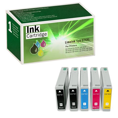 Limeink 5 Pack Remanufactured 676XL High Yield Ink Cartridges (2 Black, 1 Cyan, 1 Magenta, 1 Yellow) For Epson WorkForce Pro WP-4010 WP-4020 WP-4023 WP-4090 WP-4520 WP-4530 WP-4533 WP-4540 WP-4590