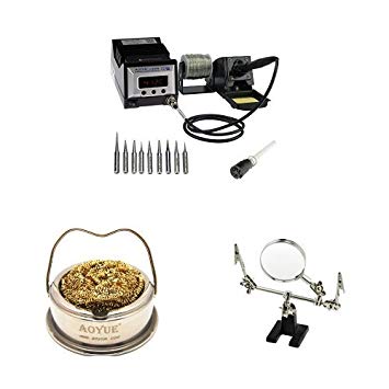 Aoyue 60 Watt Programmable Digital Soldering Station and Soldering Iron Tip Cleaner with Brass wire sponge and SE Helping Hand with Magnifying Glass