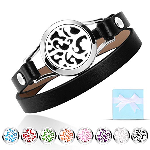 Conor Essential Oil Bracelets, Aromatherapy Bracelet Jewelry Leather Band with 8 Colour Refill Pads Unique Gifts for Women, Stainless Steel Essential Oil diffuser Bracelet (Black)