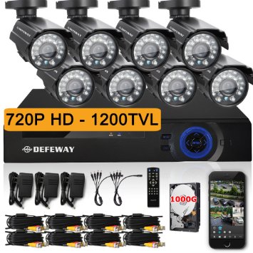 DEFEWAY 8 720P HD 1200TVL Surveillance Camera System 8CH 720P AHD CCTV DVR 1TB Hard Drive - Quick Remote Access Setup Free App - Outdoor Security Cameras with 100ft(30m) IR Night Vision