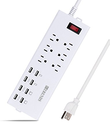 Surge Protector HITRENDS 6-Outlet Power Strip with 8 USB Charging Ports 1625W/13A Travel Charger Power Adapter for Home and Office Use (6ft Cord, White)