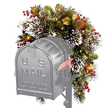 National Tree 3 Foot Wintry Pine Collection Mailbox Swag with Cones, Red Berries, Snowflakes and 15 Battery Operated Soft White LED Lights (WP1-300-3MB-1)