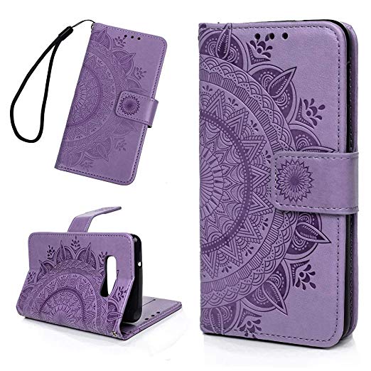 Samsung Galaxy S10E Case, Fashion Premium PU Leather Wallet Embossed Totem Flower Flip Folio Case & Card Holders Cash Slots Magnetic Clasp with Soft TPU Inner Cover - Light Purple