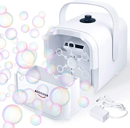 ADDSMILE Professional Bubble Machine for Parties, Bubble Blower for Kids with 550ML Detachable Water Tank Automatic Bubble Maker 2 Speed Levels Battery Operated Plug-in with AC Adapter Indoor Outdoor