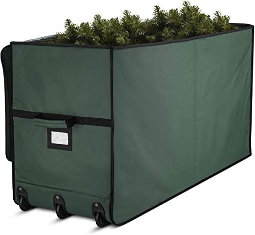 Super Rigid Rolling Christmas Tree Storage Box - Canvas Fabric with Cardboard Inserts - Opens Wide for Easy Input/Access, Artificial Trees Storage Bag, Fits Up To 7.5 ft. Wheels & Handles for Carrying