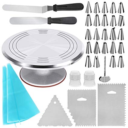 Kootek 35-in-1 Cake Decorating Supplies with Aluminium Alloy Revolving Cake Turntable, 24 Cake Decorating Tips, 2 Icing Spatula, 3 Icing Comb, 2 Reusable Pastry Bags, 2 Couplers and 1 Flower Nail