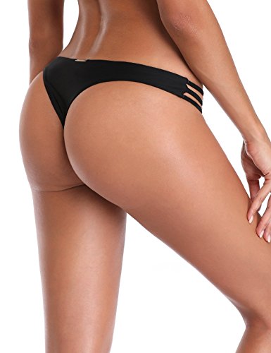 RELLECIGA Women's Triple Strappy Black Bikini Bottoms Thong