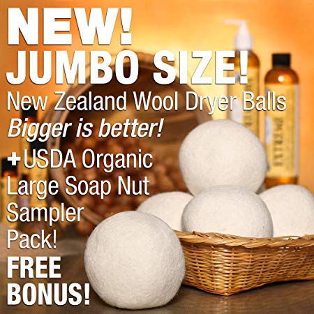 NaturOli Jumbo Wool Dryer Balls 3-Pack - and Laundry Soap - USDA Organic Soap Nuts/Soap Berry Sampler (23  Loads)
