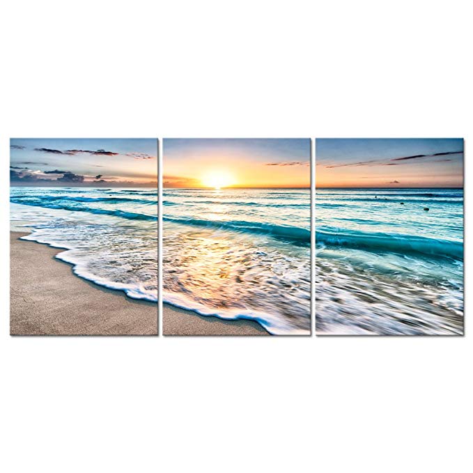 Pyradecor 3 Panels Blue Beach Sunrise White Wave Pictures Painting on Canvas Wall Art Modern Stretched and Framed Seascape Giclee Canvas Prints Seaview Landscape Artwork for Home Office Decorations