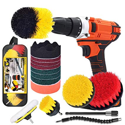 Drill Brush Power Scrubber Cleaning Kit,Cleaning Brush with Extend Long Attachment All Purpose Drill Scrub Brushes for Bathroom Surface,Tile,Tub,Shower,Kitchen,Auto-17PCS (Carrying Bag Included)