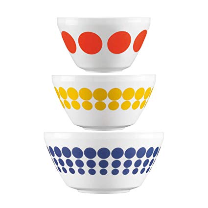 World Kitchen (3pc) Set Retro White Glass Mixing or Serving Bowls Polka Dots or Birds Vintage Pyrex Pattern