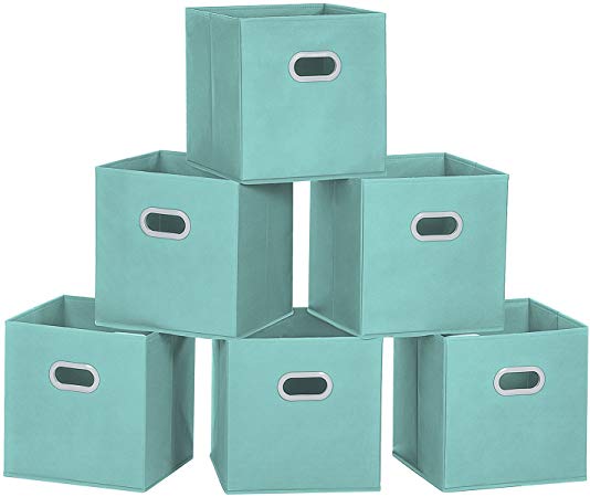 MaidMAX Cloth Storage Bins Cubes Baskets Containers with Dual Plastic Handles for Home Closet Bedroom Drawers Organizers, Flodable, Cyan, Set of 6