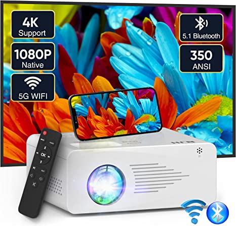5G WiFi Bluetooth Projector,350Ansi Native 1080P Support 4K Projector,Outdoor Movie Projector Compatible with HDMI,VGA,USB,AV,Laptop and Smartphone