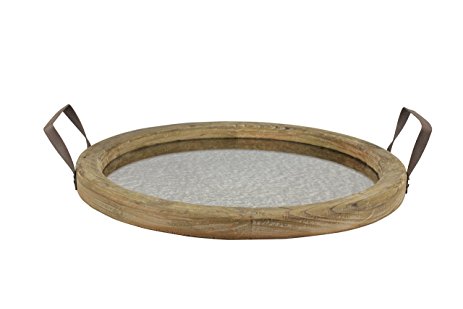 Stonebriar Round Brown Wood Serving Tray with Metal Handles and Distressed Mirror, Rustic Butler Serving Tray, Vintage Centerpiece or Candle Holder, Small