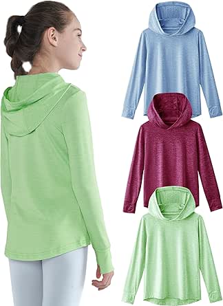 Liberty Pro 3 Pack Athletic Girls Long Sleeve Shirts with Thumb Holes, Workout Hoodies for Kids, Hooded Shirt Pullover Tops