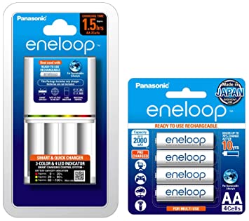 Panasonic Eneloop BQ-CC55N Advanced, Smart and Quick Charger for AA & AAA Rechargeable Batteries, White & eneloop AA Rechargeable Battery, Pack of 4