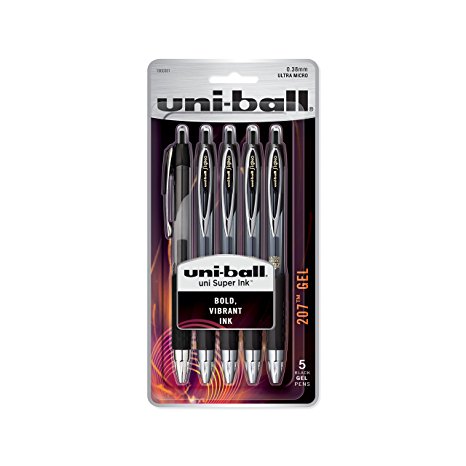 uni-ball 207 Retractable Gel Pens, Ultra Micro Point (0.38mm), Black, 5 Count