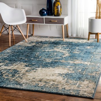Traditional Vintage Inspired Overdyed Distressed Fancy Blue Area Rugs, 9 Feet 11 Inches by 14 Feet (9' 11" X 14')