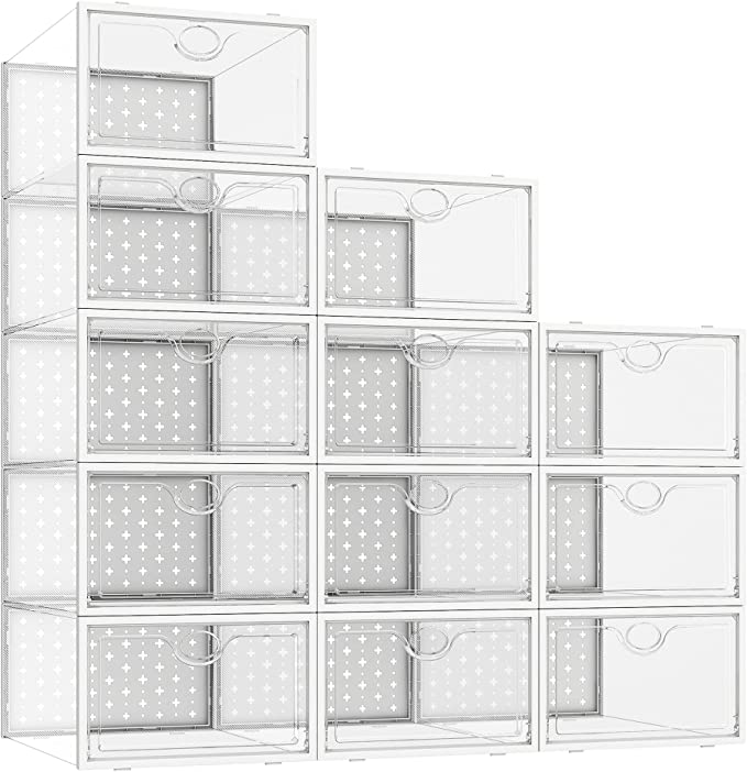 Pinkpum 12 Pack Shoe Storage Boxes, Shoe Organizer for Closet Clear, Shoe Boxes Clear Plastic Stackable, Foldable Sneaker Storage Containers