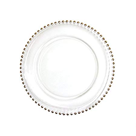 Koyal Wholesale 424658 Clear Glass Beaded Couture Charger Plates, Gold, 4-Pack Round 13-Inch Party Plates
