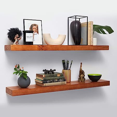 Homeforia Rustic Farmhouse Floating Shelves - Bathroom Wooden Shelves for Wall Mounted - Thick Industrial Kitchen Wood Shelf - 36 x 6.5 x 1.75 inch - Set of 2 - Honey Oak Color