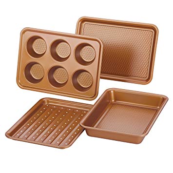 Ayesha Curry 47704 Nonstick Bakeware Toaster Oven Set with Nonstick Baking Pan, Cookie Sheet / Baking Sheet and Muffin Pan / Cupcake Pan - 4 Piece, Copper Brown