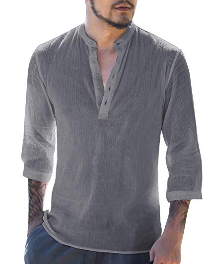Makkrom Mens Linen 3/4 Sleeve Henley Shirts Cotton Loose Casual Summer Beach T Shirt Tops