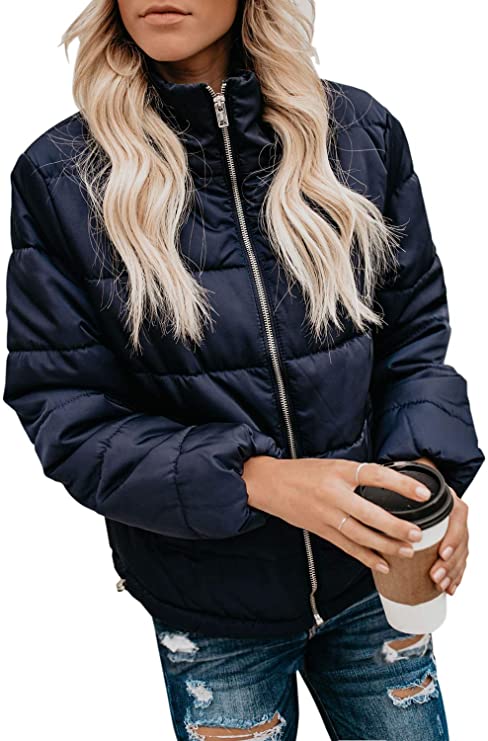 Dokotoo Womens Winter Fashion Zip Up Quilted Jacket Coat Outerwear (S-XXL,No Hooded)