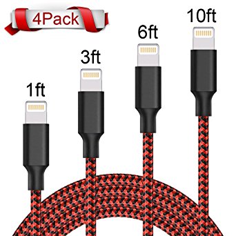 Lightning Cable,XUZOU iPhone Charger 4Pack 1FT 3FT 6FT 10FT to USB Syncing and Charging Cable Data Nylon Braided Cord Charger for iPhone 7/7 Plus/6/6 Plus/6s/6s Plus/5/5s/5c/SE and more (Black&Red)