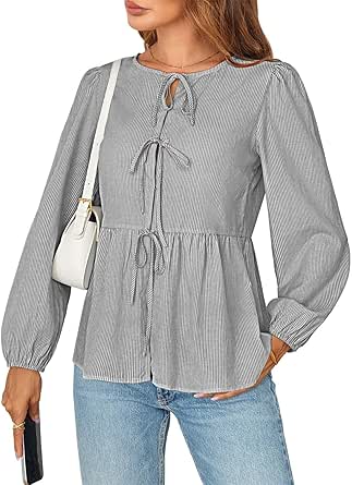 MEROKEETY Women's Tie Front Striped Peplum Tops Long Puff Sleeve Button Casual Babydoll Blouse Shirts