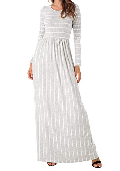 levaca Women's Long Sleeve Pleated Pockets Loose Casual Maxi Long Dress