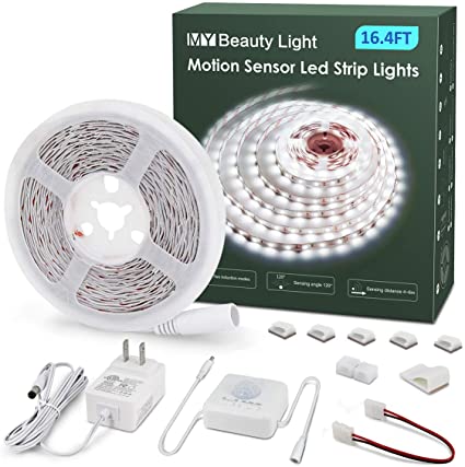 LED Strip Lights 16.4ft Motion Sensor LED Light Strip with Day or Night 2 Lighting Modes, 3 Timing Off Modes, 12V Plug-in White LED Tape Light for Under Cabinet, Kitchen, Stair, Bed, Room Decor