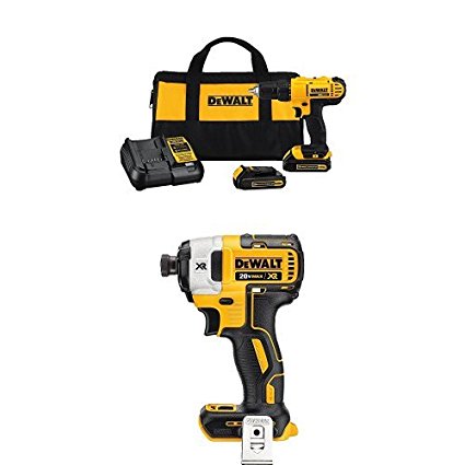 Dewalt DCD771C2 20V MAX Cordless Lithium-Ion 1/2 inch Compact Drill Driver Kit with 20V MAX XR Li-Ion Brushless 0.25" 3-Speed Impact Driver