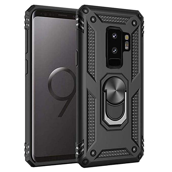 Glaxay S9 Plus Case Kickstand Compatible with Samsung Galaxy S9plus Cases Ring Hoder Samsum Glaxay Armor S9p 9s Cover para 360 Degree Rotating S 9Plus Protective Heavy Duty Bumper 6.2 Inch (Black)