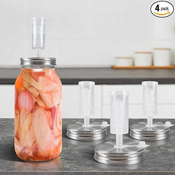 DESENNIE 4 sets Fermentation Kit Fermentation Lids Stainless Steel Fermenting Kit with BPA free Airlocks for Wide Mouth Mason Jars (Jars Not Included) with Airlocks