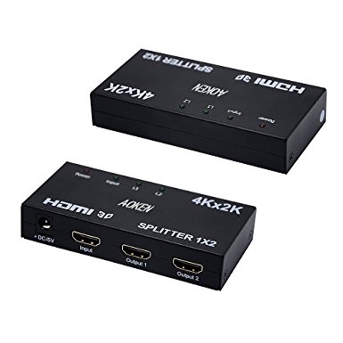 Aoken 1x2 2 Ports HDMI Powered Splitter for Full HD 1080P & 3D Support (1X2 splitter HD 4KX2K)
