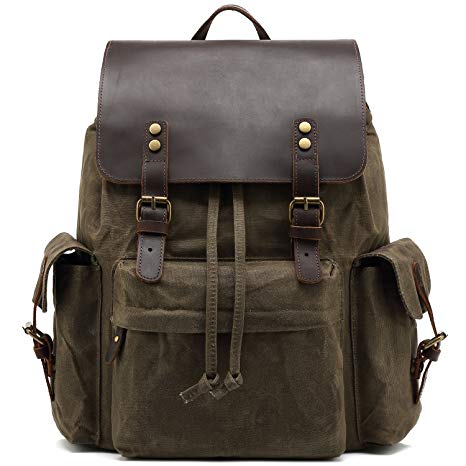 Kenox Mens Genuine Leather Laptop Backpack Waxed Canvas Rusksack Multi Pockets College School Bag Travel Daypack