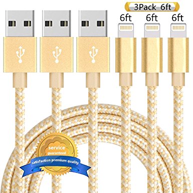 Aonsen iPhone Cable, 3Pack 6FT Nylon Braided Lightning Cable USB iPhone Charger for iPhone 7,6s,6,6 Plus,5,5s,SE,iPad Air,Mini,iPod(Gold)